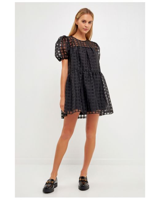 English Factory Gridded Puff Sleeve Dress