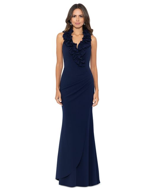Xscape Petite Ruffled V-Neck Ruched Sleeveless Gown