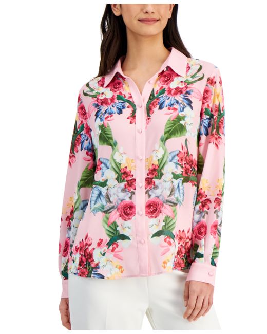 T Tahari Collared Long-Sleeve Button-Down Floral Top