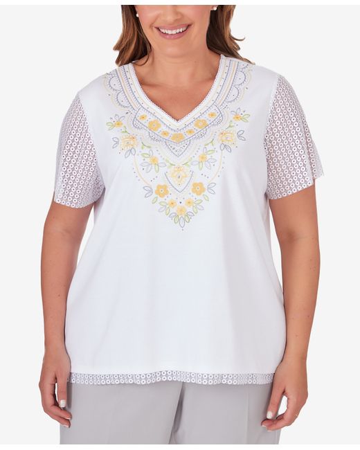 Alfred Dunner Plus Charleston Embroidered Top with Lace Sleeves