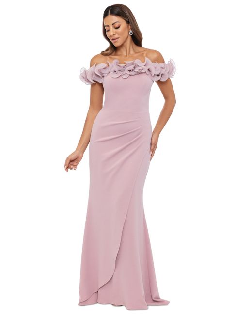 Xscape Scuba-Crepe Ruffled Off-The-Shoulder Fit Flare Gown