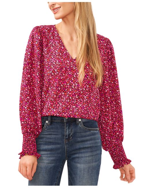 Cece Printed Long-Sleeve Smocked-Cuff Blouse