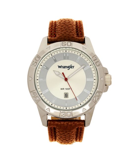 Wrangler Watch 46MM Silver Colored Case with Embossed Arabic Numerals on Bezel Ivory Sunray Dial Index Markers Analog Strap