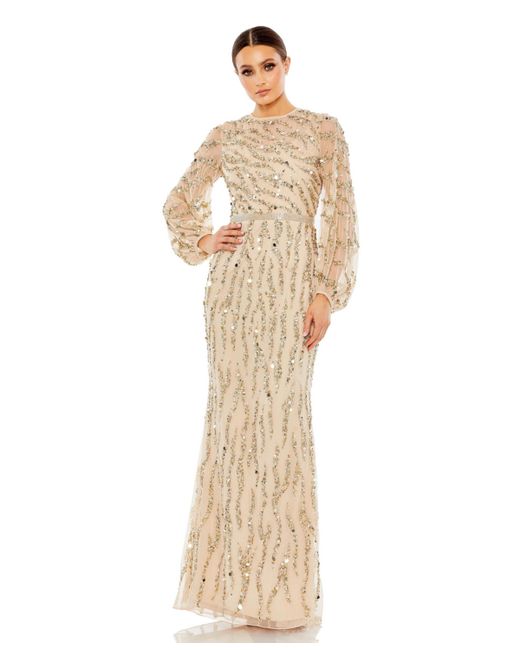 Mac Duggal Embellished High Neck Puff Sleeve Trumpet Gown