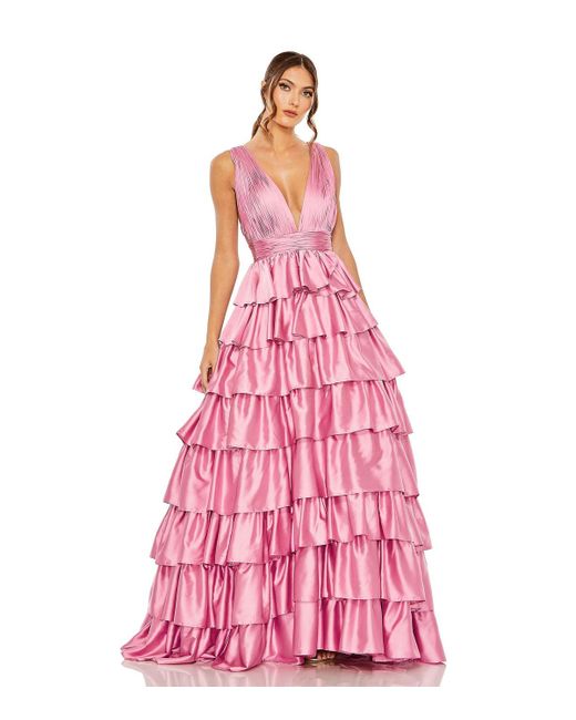 Mac Duggal Ruffle Tiered Pleated Sleeveless V Neck Gown