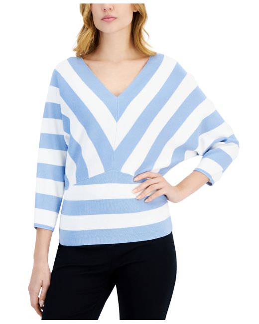 T Tahari Striped 3/4-Sleeve V-Neck Sweater