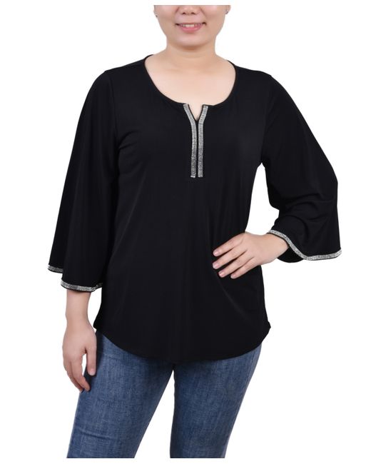 Ny Collection Petite 3/4 Bell Sleeve Top with Stones