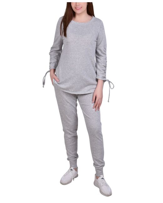 Ny Collection Petite Drawstring Sleeve Top and Jogger Set 2 Piece