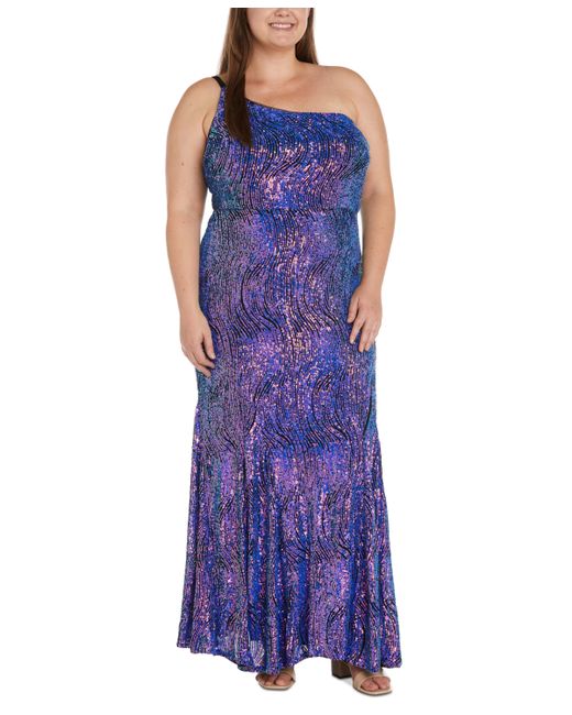 Morgan & Company Trendy Plus Sequined One-Shoulder Gown Purlpe