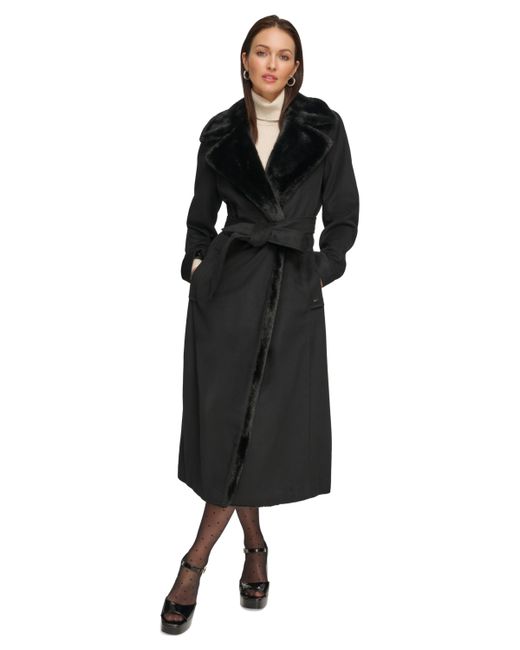 Dkny Faux-Fur-Trim Maxi Wool Blend Wrap Coat