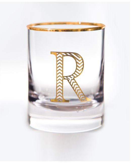 Qualia Glass Monogram Rim and Letter R Double Old Fashioned Glasses Set Of 4