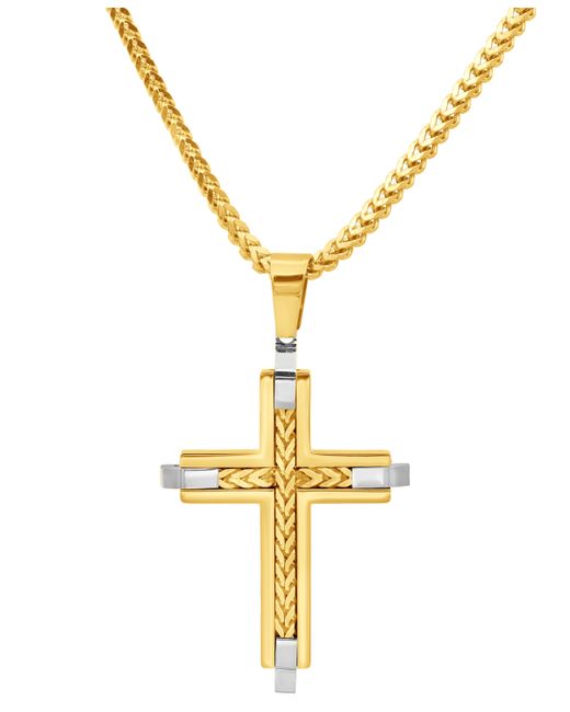 Blackjack Franco Link Inlay Cross Pendant Necklace Sterling Silver Yellow Ion-Plated Stainless Steel