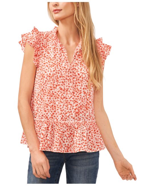 Cece Printed Ruffle Trimmed Tie-Neck Blouse