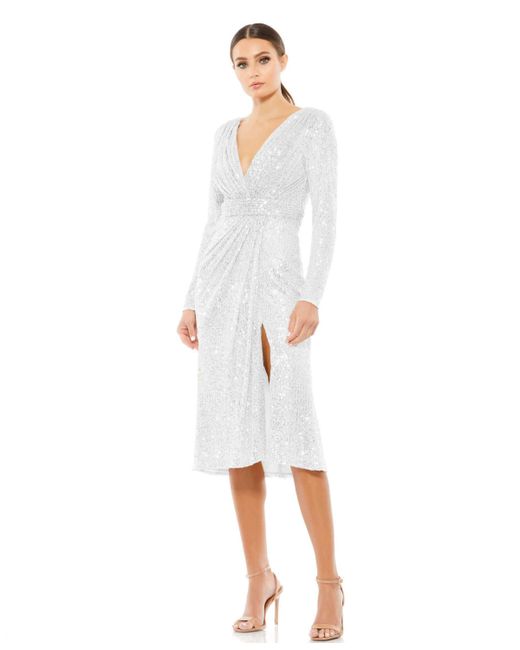 Mac Duggal Ieena Long Sleeve Sequined Midi Dress