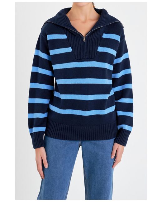 English Factory Striped Knit Zip Pullover Sweater blue