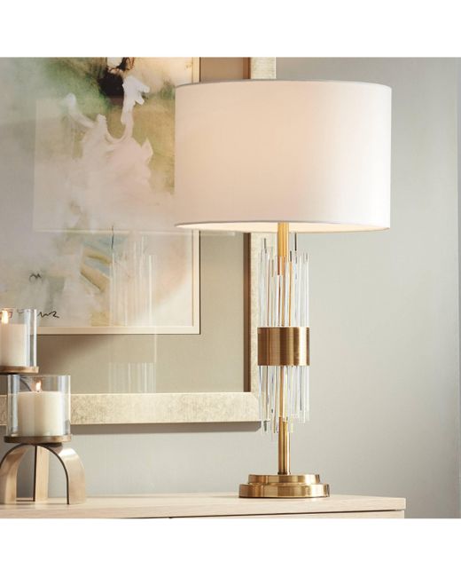 Possini Euro Design Aloise Mid Century Modern Glam Luxury Table Lamp 27.5 Tall Brass Metal Clear Glass Tube White Drum Shade Decor for Living Room Bedroom House Bedside