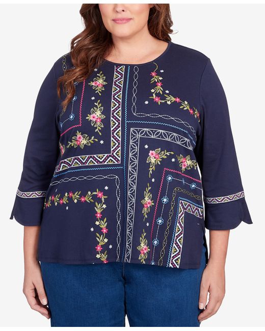 Alfred Dunner Plus Full Bloom Flower Embroidery Quad Top