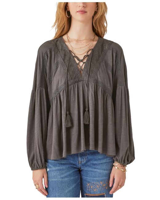 Lucky Brand Tie-Neck Lace-Trim Peasant Top