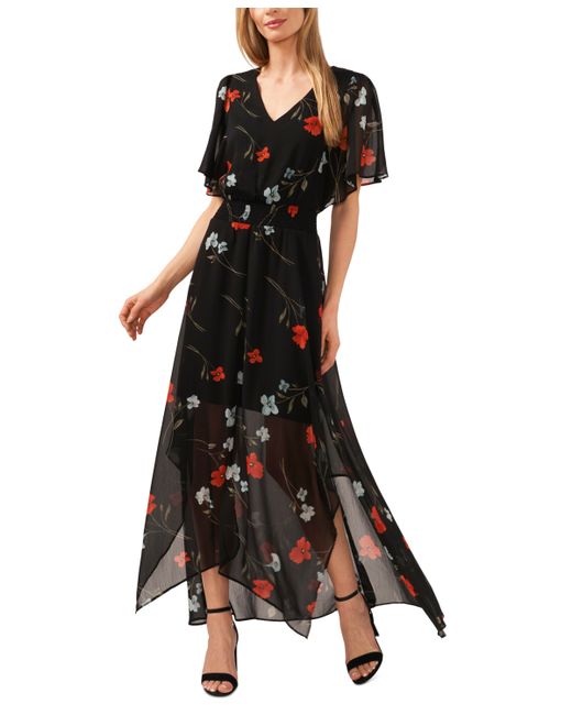 Cece Floral Print Flutter Sleeve Maxi Dress