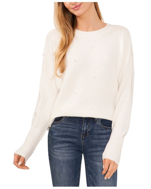 Cece Long-Sleeve Imitation Pearl Embellished Sweater