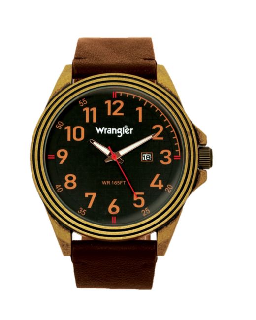 Wrangler 48MM Antique Brass Case Dial Bronze Arabic Numerals Strap Analog Watch with Red Second Hand Date Function