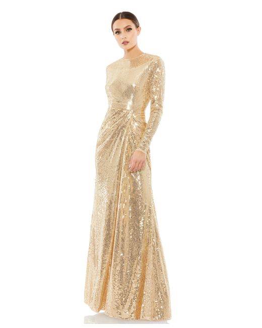 Mac Duggal Sequined High Neck Long Sleeve Draped Gown
