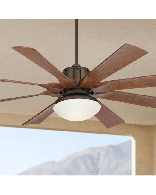 Possini Euro Design 60 Defender Industrial Outdoor Ceiling Fan with Led Light Remote Control Oil Rubbed Bronze Painted Koa Opal Frosted Glass Damp Rated for Patio Exteri