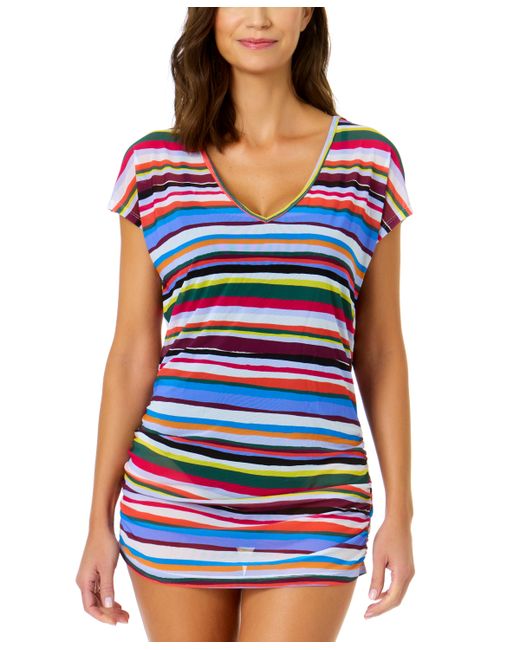 Anne Cole Striped-Mesh V-Neck Cover-Up Tee