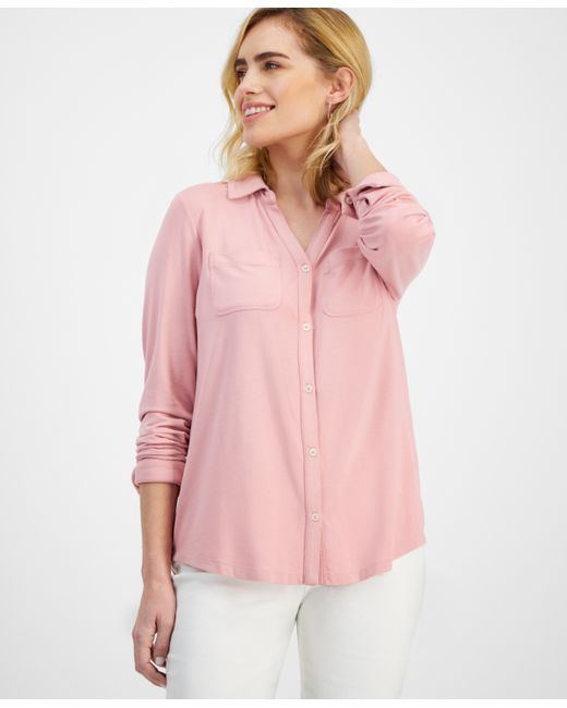 Style & Co Petite Button-Front Long-Sleeve Knit Shirt Created for