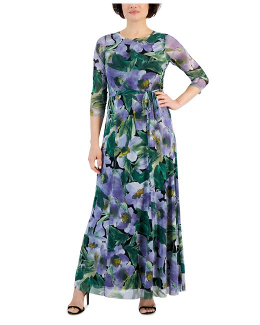 AK Anne Klein 3/4-Sleeve Floral-Print Maxi Dress
