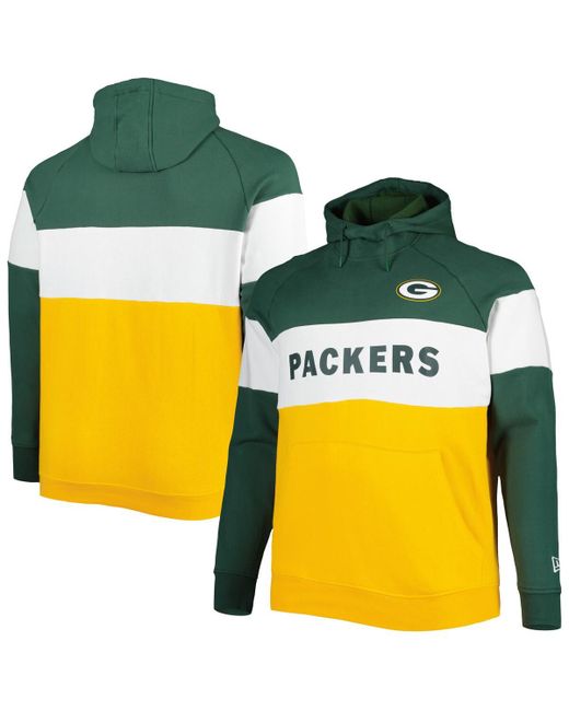 New Era Gold Bay Packers Big and Tall Current Team Colorblock Fleece Raglan Pullover Hoodie