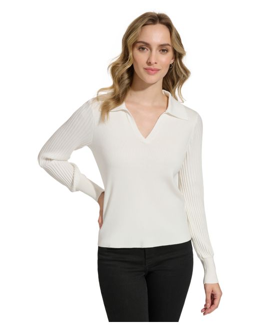 Calvin Klein Collared V-Neck Ribbed-Sleeve Sweater