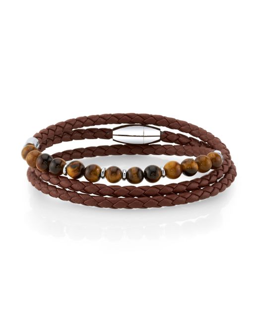 He Rocks Leather and Tiger Eye Bead Triple Wrap Bracelet with Stainless Steel Clasp 26