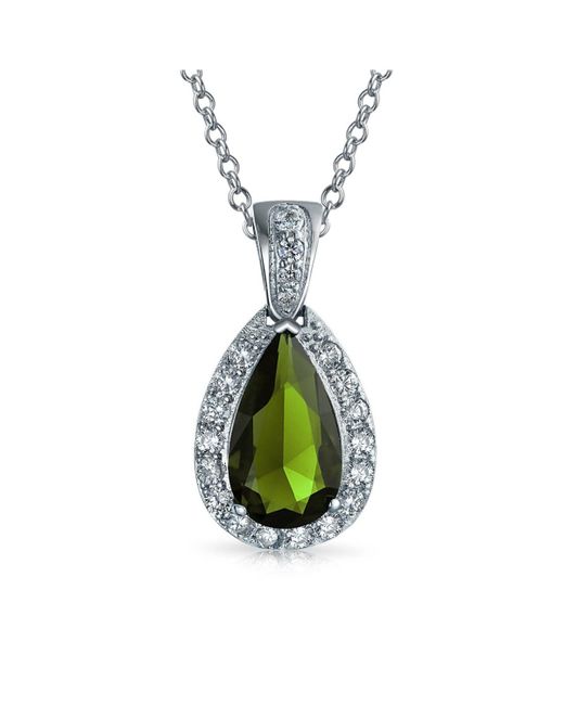 Bling Jewelry Classic Bridal Jewelry Pear Shape Solitaire Teardrop Halo Aaa 15CT Cz Simulated Peridot Pendant Necklace For Prom Bridesmaid Wedding Rhodi