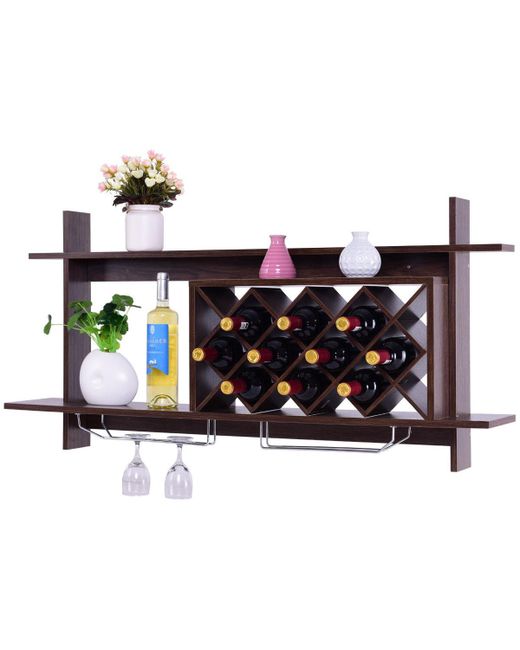 Sugift Wall Mount Wine Rack with Glass Holder and Storage Shelf
