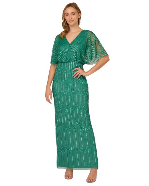 Adrianna Papell Petite Hand-Beaded Flutter-Sleeve Gown