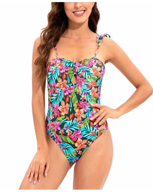 Lucky Brand Floral-Print Vibrant Tie-Shoulder Keyhole One-Piece Swimsuit