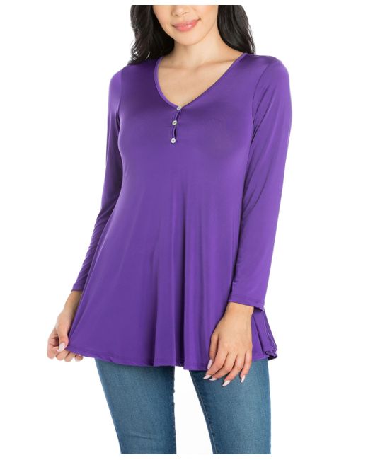 24seven Comfort Apparel Flared Long Sleeve Henley Tunic Top