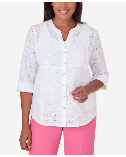 Alfred Dunner Paradise Island Button Front Eyelet Top