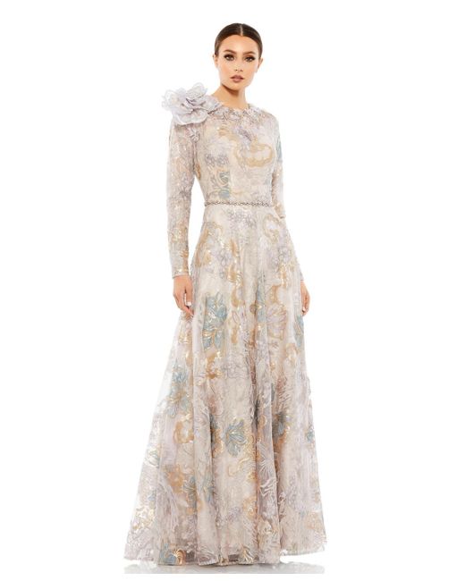 Mac Duggal Embellished Long Sleeve High Neck Rose Applique Gown