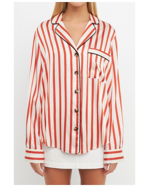 English Factory Striped Satin Shirt with Piping burnt orange
