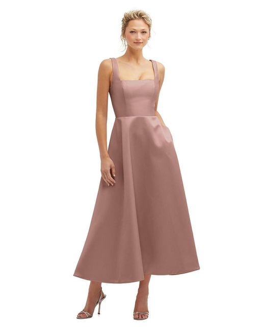 Dessy Collection Square Neck Satin Midi Dress with Full Skirt Pockets
