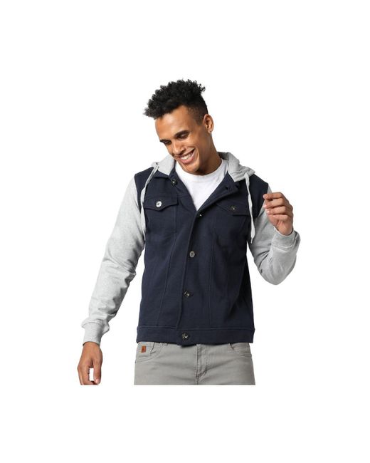 Campus Sutra Grey Navy Blue Button-Front Jacket With Contrast Detail