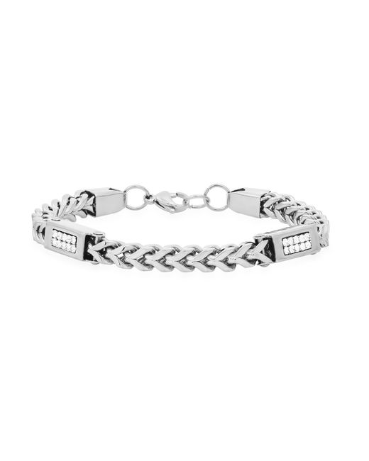 SteelTime Stainless Steel Wheat Chain and Simulated Diamonds Link Bracelet