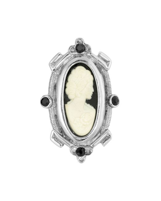 2028 Silver-Tone and White Oval Cameo Pin