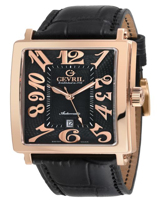 Gevril Avenue of Americas Swiss Automatic Italian Black Leather Strap Watch 44mm