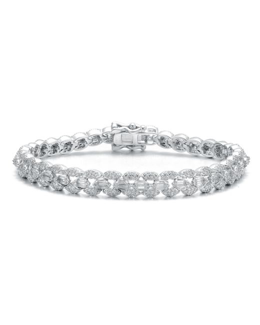 Genevive Rhodium-Plated with Cubic Zirconia Round Flat Link Tennis Bracelet Sterling