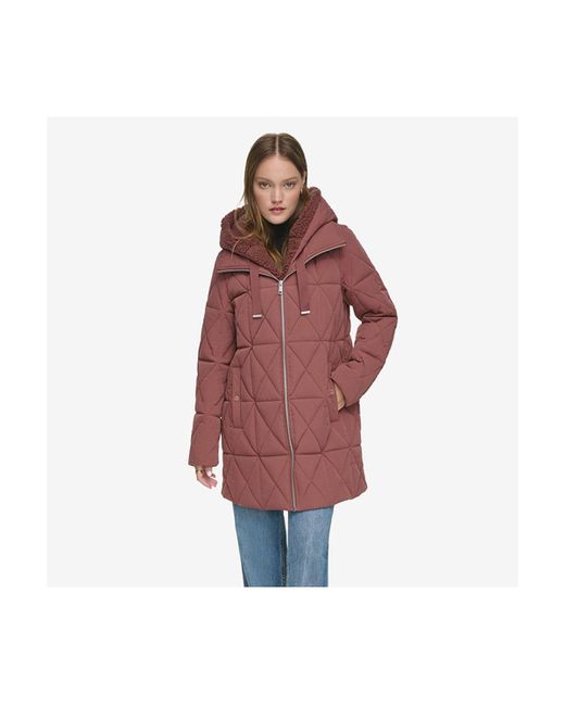 Andrew Marc Islee Quilted Womenss Puffer Coat With Popcorn Sherpa Trimming and Removable Hooded Bib