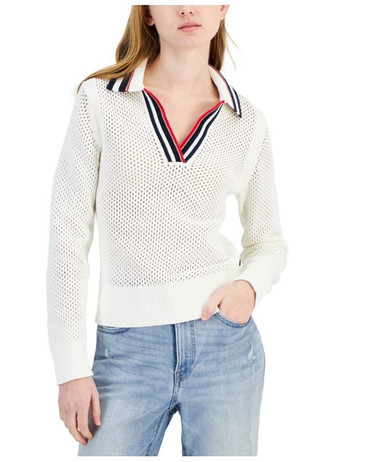 Tommy Hilfiger Cotton Collared V-Neck Mesh Sweater