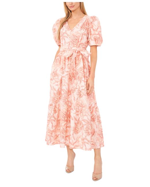 Cece Floral Puff-Sleeve Tie-Front Maxi Dress